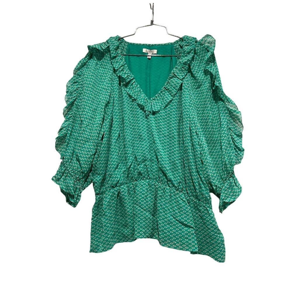 Joie Green Geometric Ruffle Peplum Silk Blouse Feminine Boho Size L Pit 22